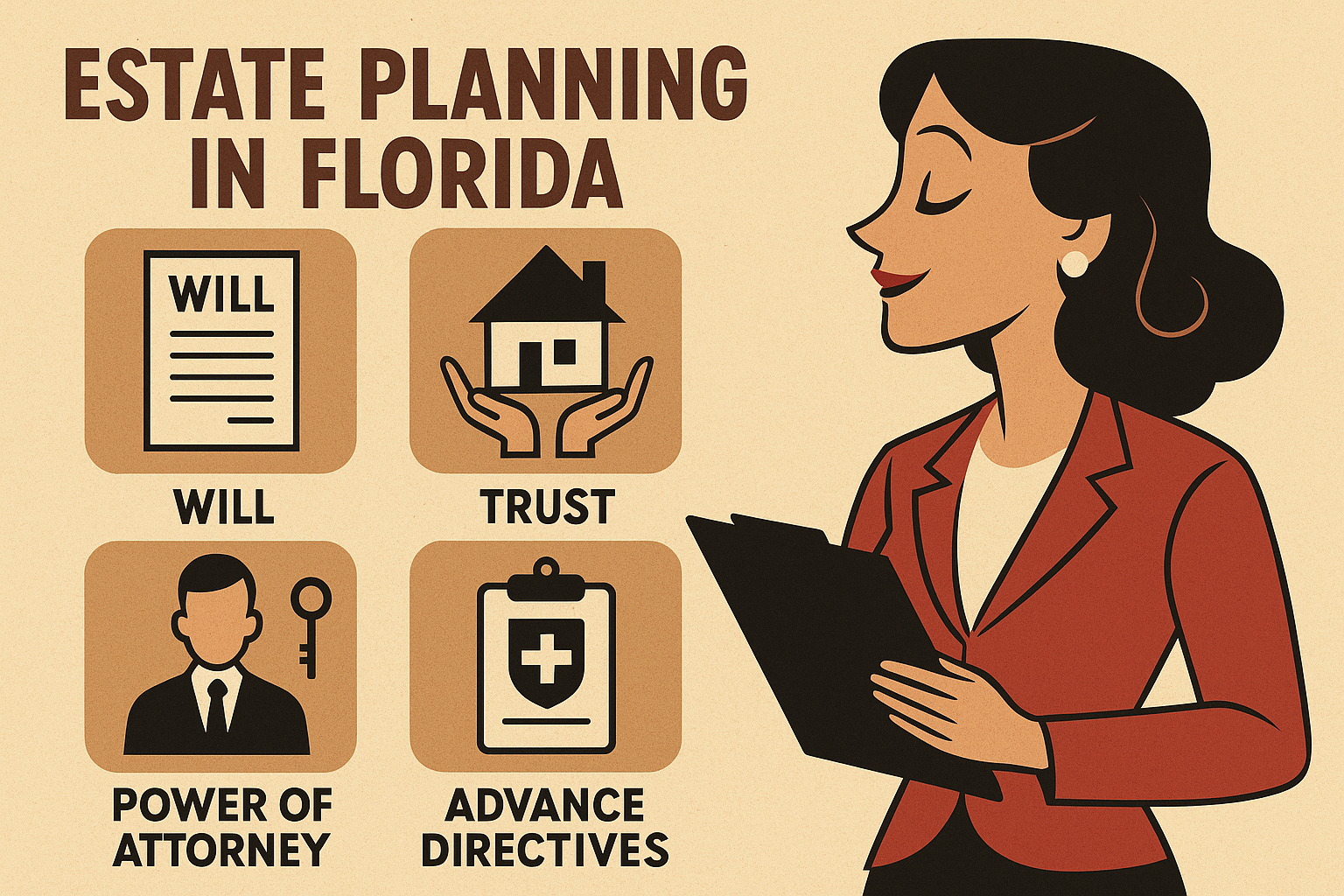 Infographic illustrating how an estate planning attorney in Venice, Florida helps create wills, trusts, and powers of attorney to protect families and assets