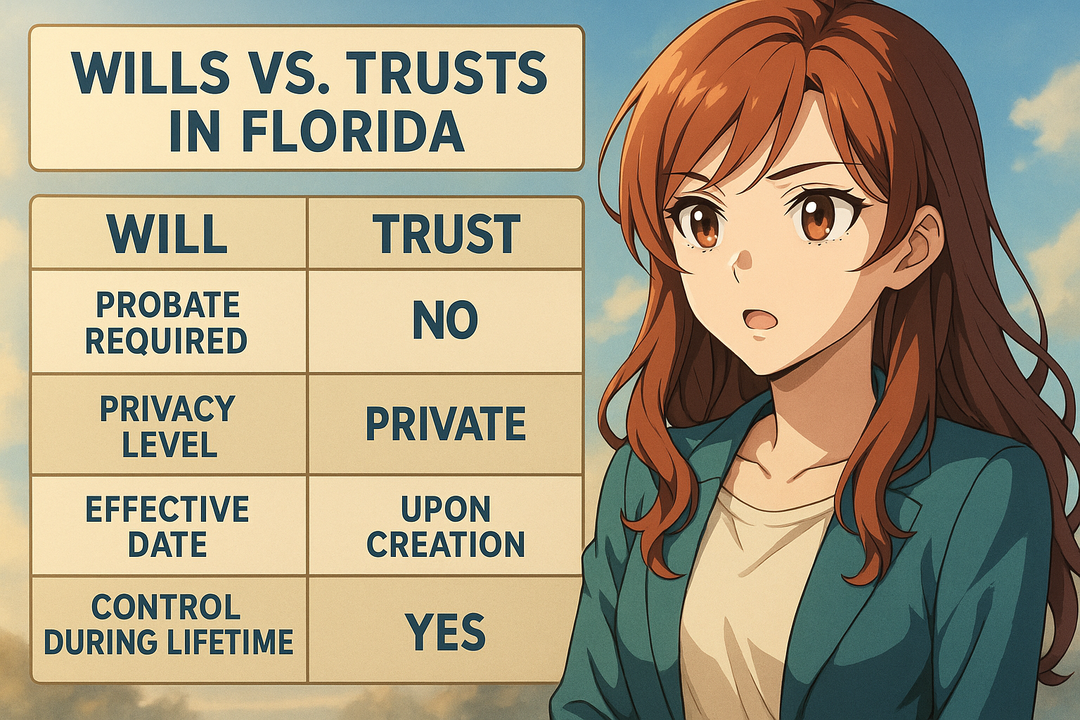 Infographic comparing the differences between wills and trusts in Florida, showing how a trust avoids probate and provides greater control.
